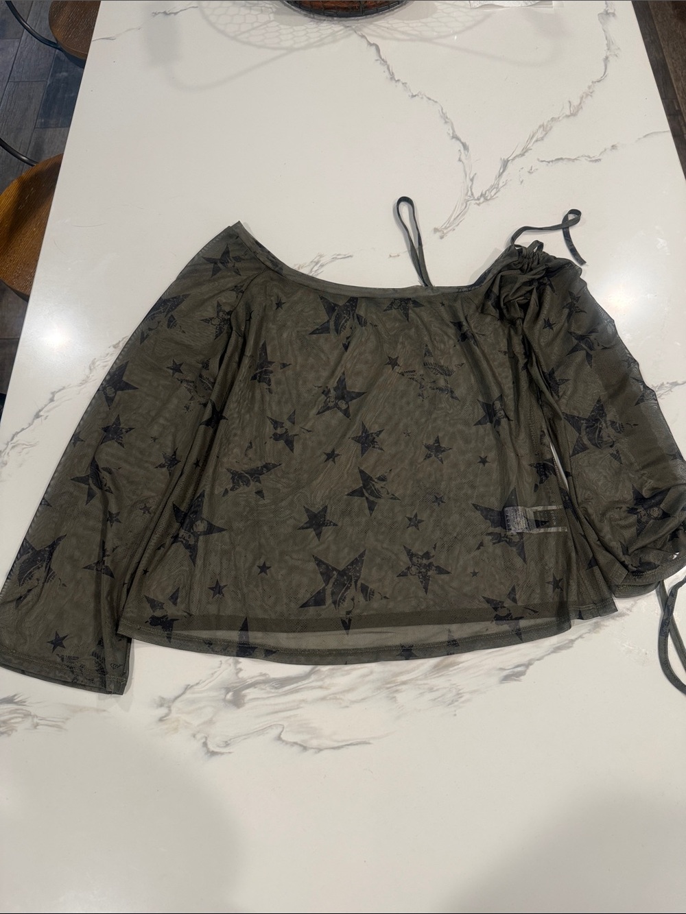 SHEIN Olive Sheer Star Off the Shoulder Mesh Top
